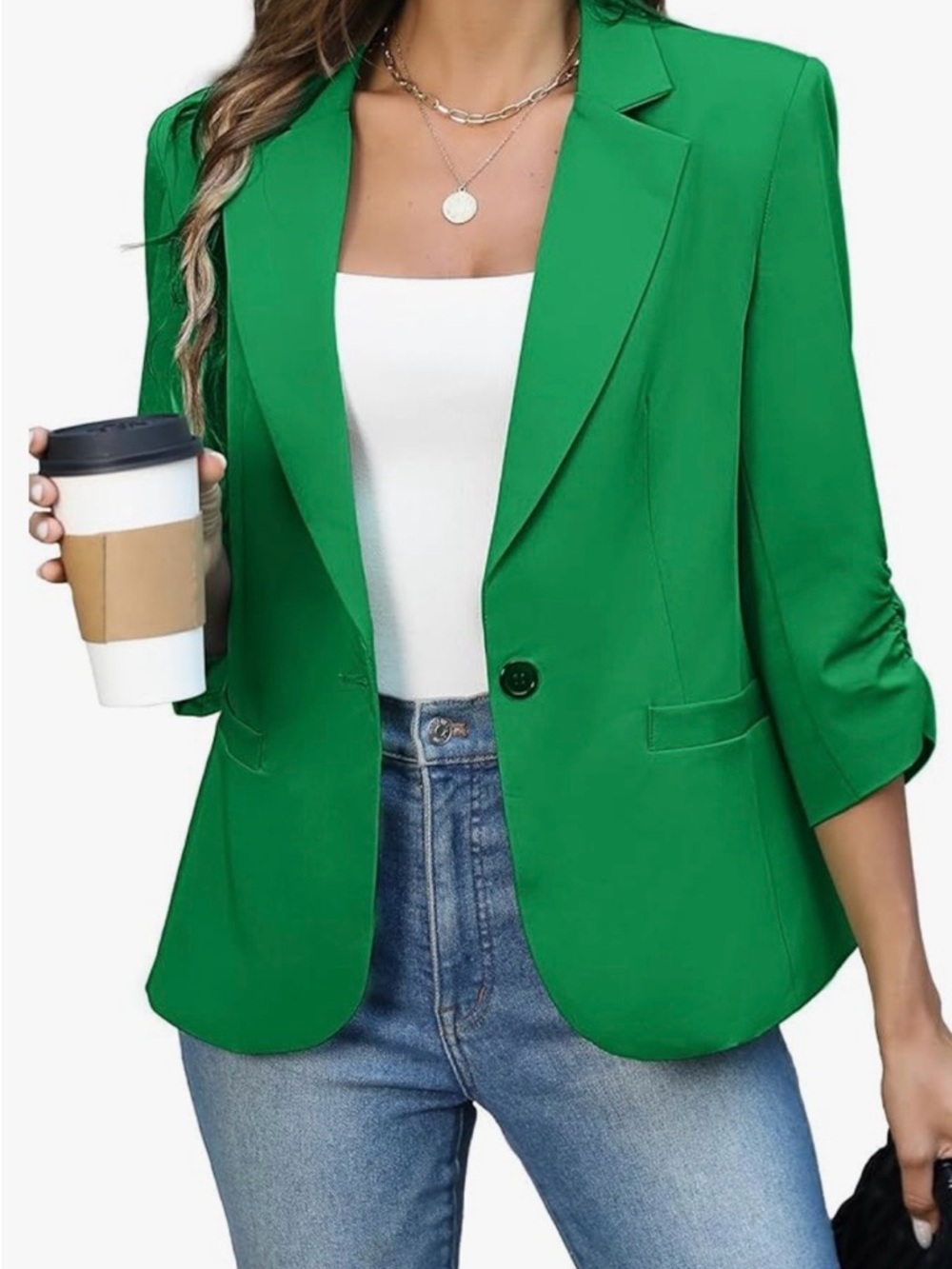 Emerald Green Single-Button Blazer Jacket three quarter sleeves ruching XL